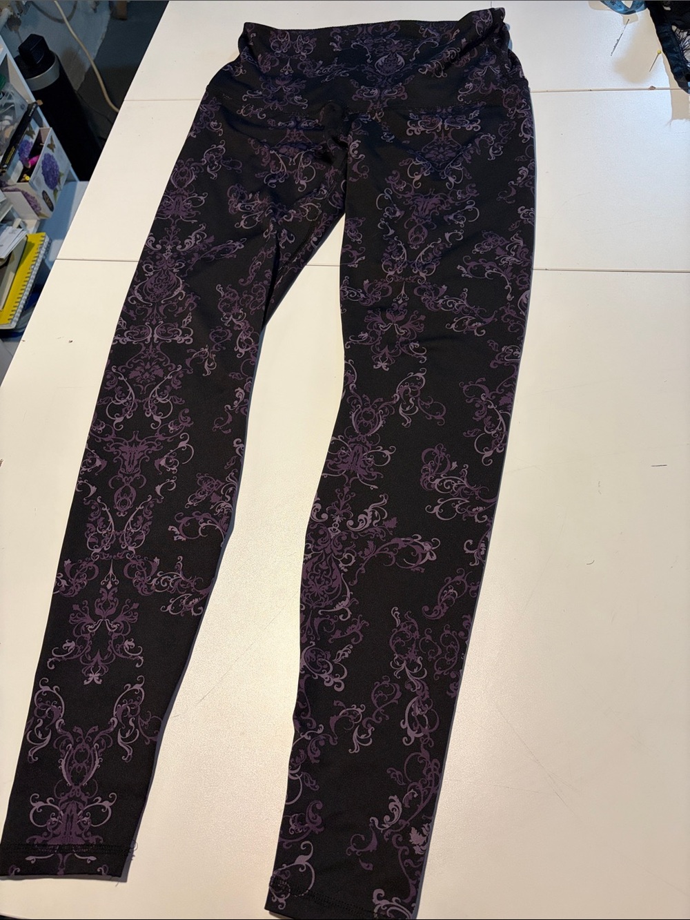Women's Black Leggings with Purple Damask Print - Picture 2 of 6